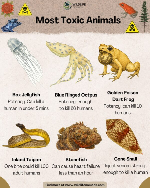 Educational infographic titled "Most Toxic Animals" featuring illustrated entries for the box jellyfish, blue-ringed octopus, golden poison dart frog, inland taipan, stonefish, and cone snail.