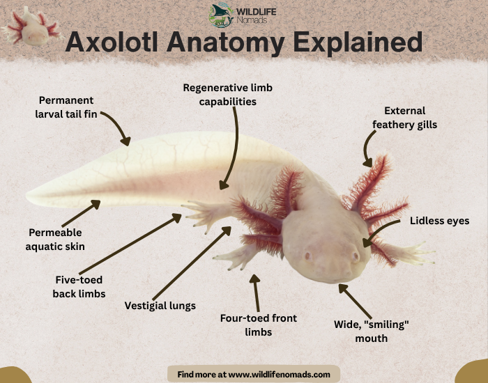 Axolotl Anatomy Explained in an infographic showing arrows on key anatomical features