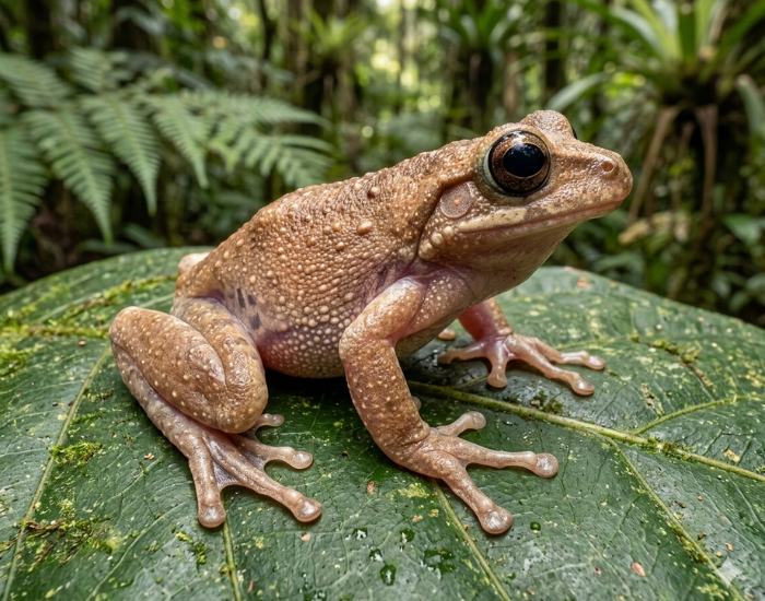 an extinct Mountain Mist Frog on topf of a leaf in a rainforest habitat
