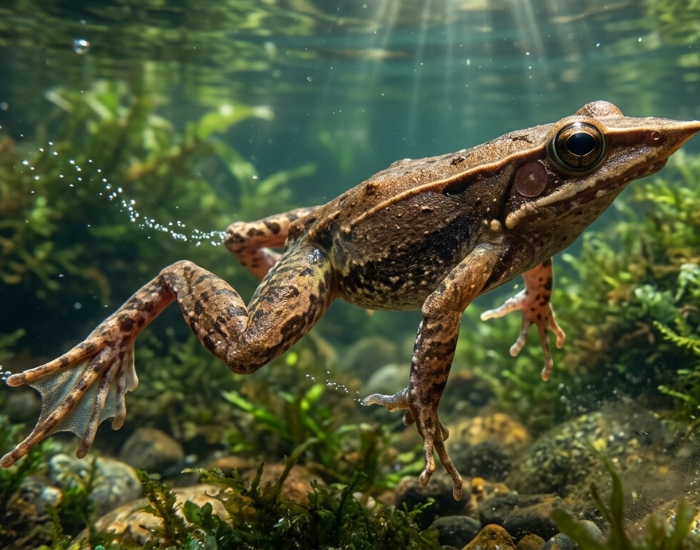 Sharp-Snouted Day Frog swimming in a pod underwater