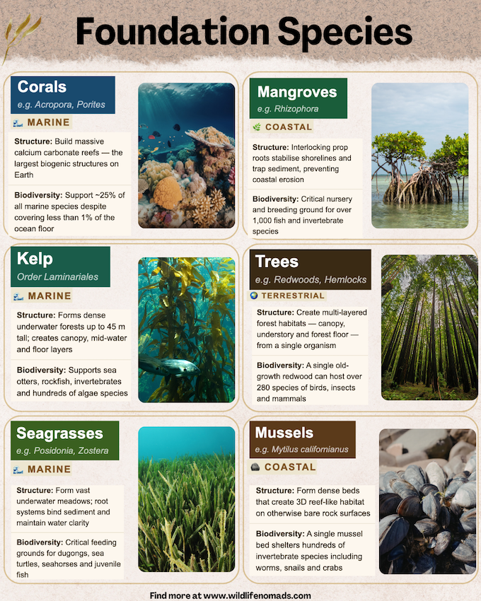 Foundation-Species.webp infographic about Foundation Species showing 6 main ones like corals and kelp forests