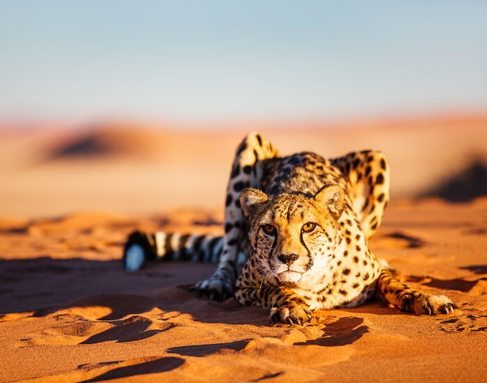 Cheetah laying on the ground on a desert