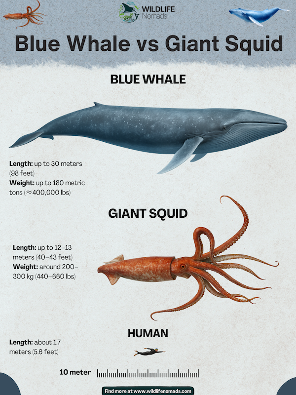 infographic showing a giant squid vs a blue whale