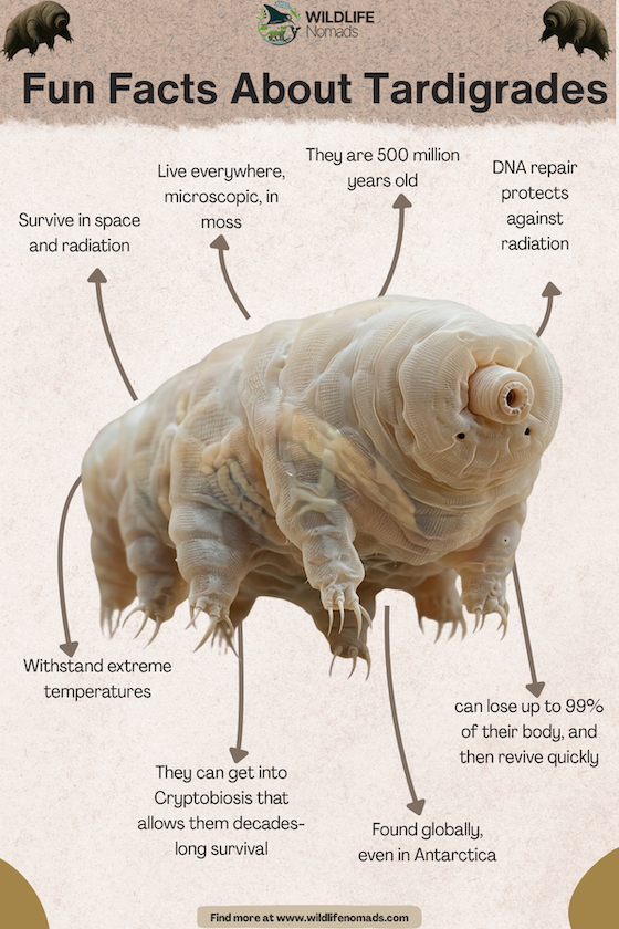 Infographic titled "Fun Facts About Tardigrades" showing a 3D model of a tardigrade surrounded by facts about its extreme survival abilities, age, and habitats.   