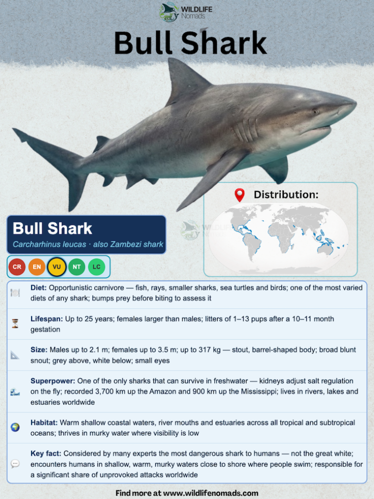 An educational wildlife infographic titled "Bull Shark" featuring a detailed illustration of a bull shark in a three-quarter profile. The graphic includes a global distribution map highlighted in blue, a Vulnerable (VU) conservation status indicator, and key facts covering diet, lifespan, size, freshwater capabilities, habitat, and species characteristics.
