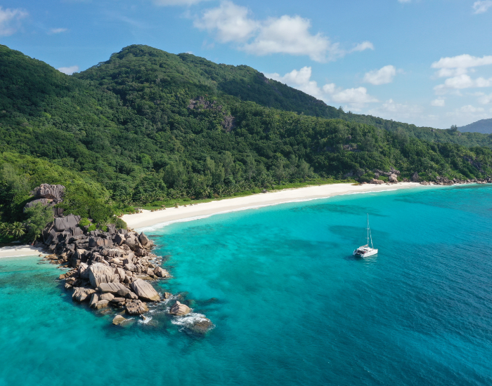 Seychelles beach panoramic view of a beach and a mountain