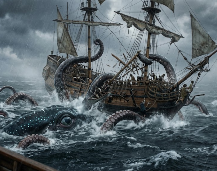 Giant sea monster with large eye and tentacles attacking a wooden sailing vessel