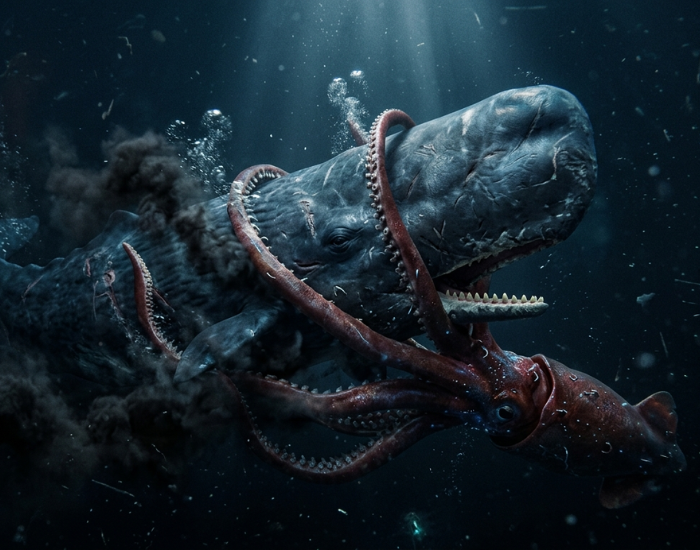A hyper-realistic, cinematic wide shot of an epic underwater battle between a massive, battle-scarred Sperm Whale and a colossal Giant Squid. The scene is set in the deep, dark ocean with shafts of ethereal "marine snow" and faint bioluminescence.