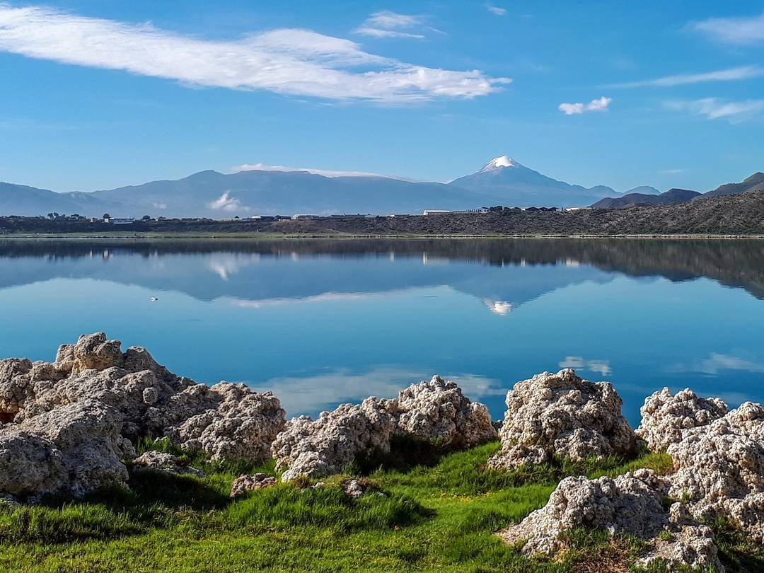 Alchichica Lagoon in Puebla, Mexico, a crater lake ringed by pale mineral shorelines