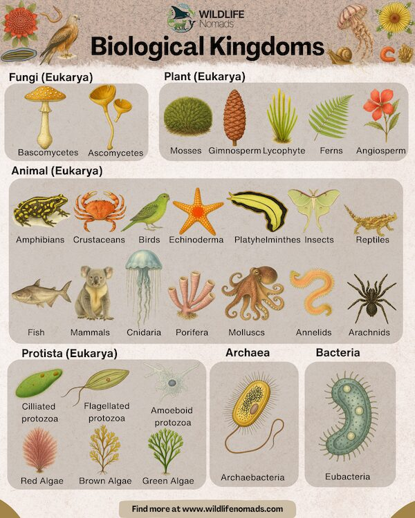 Infographic of the biological kingdoms of living things and their main features