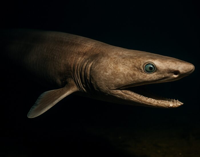 frilledshark.webp clos eup of a frilled shark