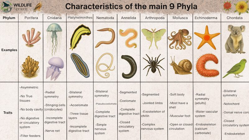 Infographic comparing the characteristics of the main animal phyla