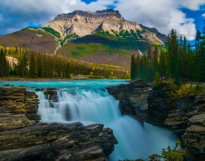 waterfalls and mountains at Jasper National Park