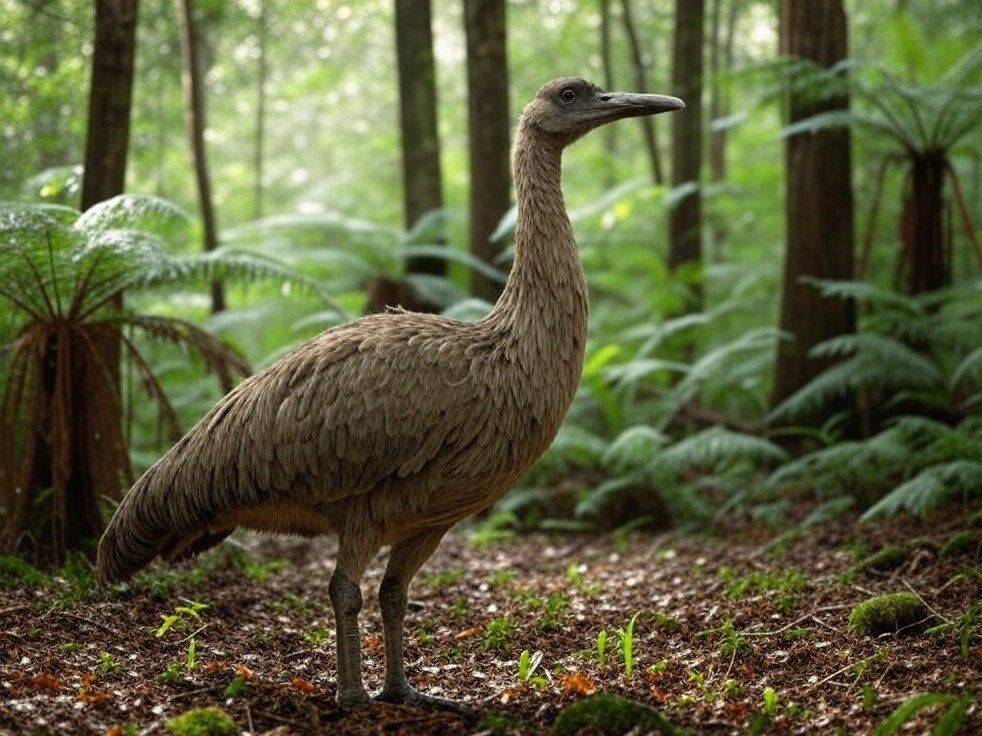 an ai generates illustration of how the moa bird look in its natural habitat habitat in new zealand