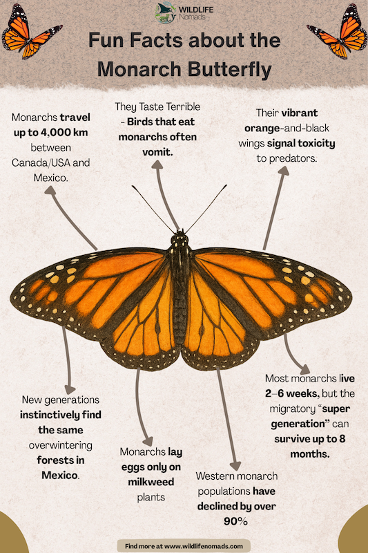 An infographic titled "Fun Facts about the Monarch Butterfly" highlighting 7 key facts about their migration, diet, lifespan, toxicity, and population decline.