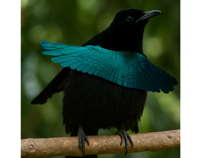 a black bird with a blue feathered collar standing over a branch