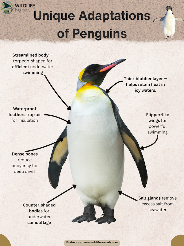 Unique-Adaptations-of-Penguins.webp infographic showing Unique Adaptations of Penguins