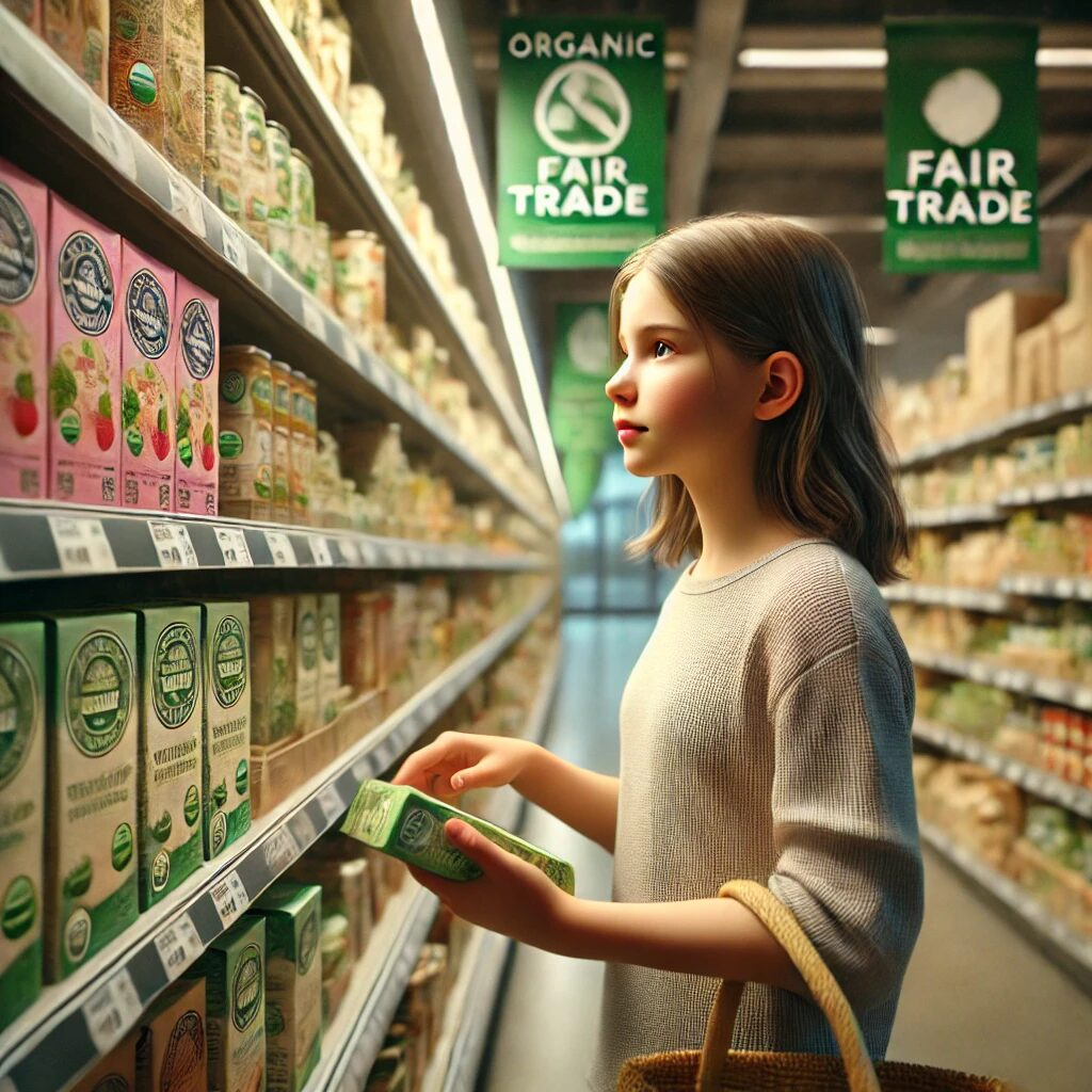 mage of a young girl, approximately 10-12 years old, standing in a grocery store aisle. She is carefully reading the labels on products