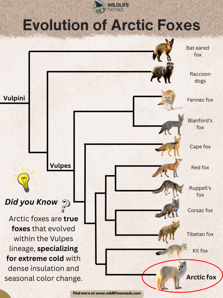 Evolution-of-Arctic-Foxes.webp Infographic illustrating the evolution of the Arctic fox within the Vulpes lineage, comparing it to other fox species and emphasizing traits linked to extreme cold adaptation, including dense insulation and seasonal coat color change.
