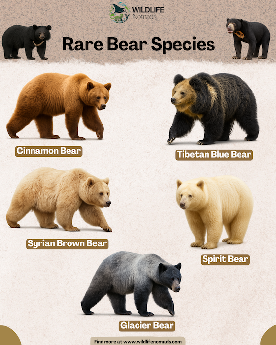 Rare-Bear-Species-infographic.webp a wildlife nomads infographic showing Rare Bear Species like the spirit bear or kodiak bear