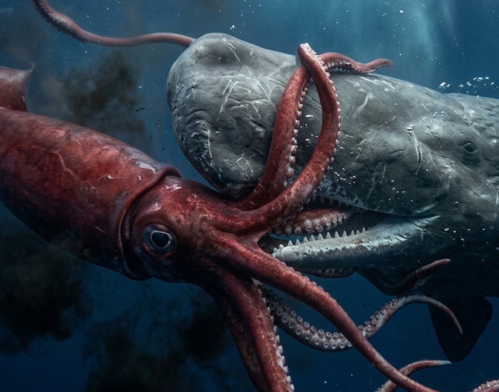 A sperm whale battling a giant reddish squid underwater, with tentacles wrapped around its head