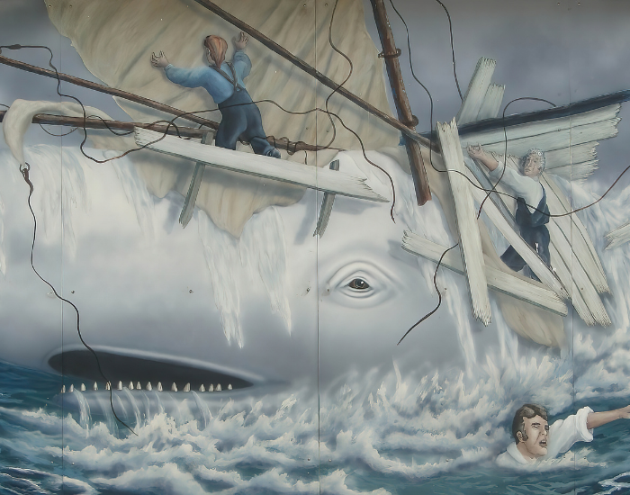 a painting depicting a sperm whale attacking a boat