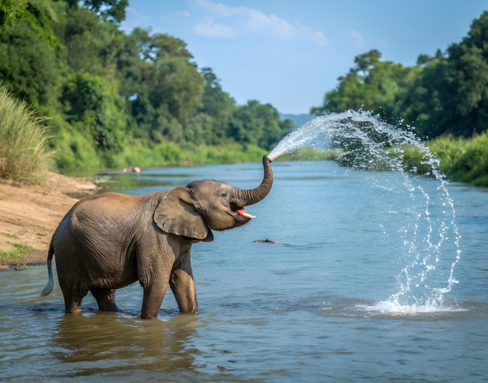elephant playing on a river