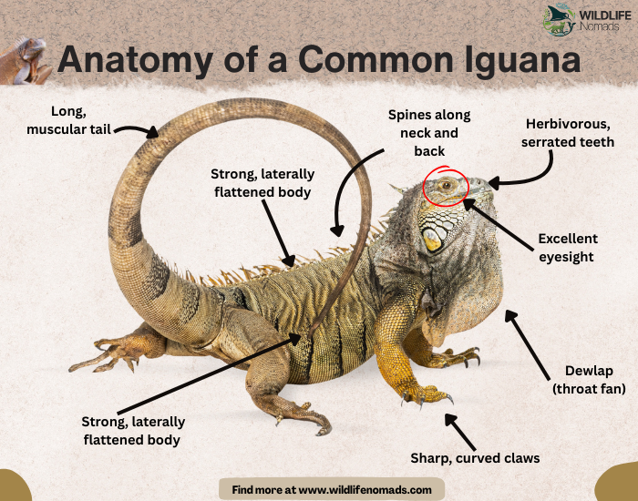 Anatomy-of-a-Common-Iguana-characteristics.webp a common iguana photo and arrows pointing at main anatomical features
