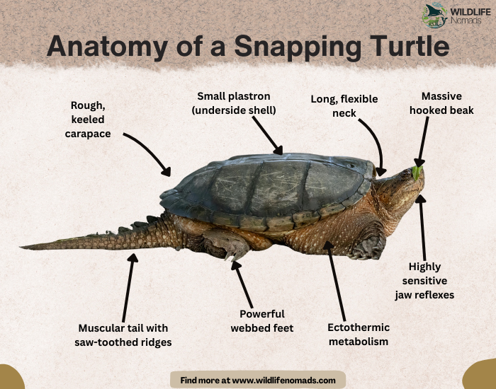 Anatomy-of-the-Snapping-Turtle.webp Anatomy of a Snapping Turtle infographic showing main characteristics