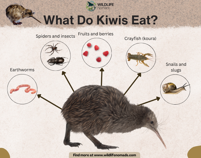infographic showing the diet of a kiwi bird like insects and spiders and so on