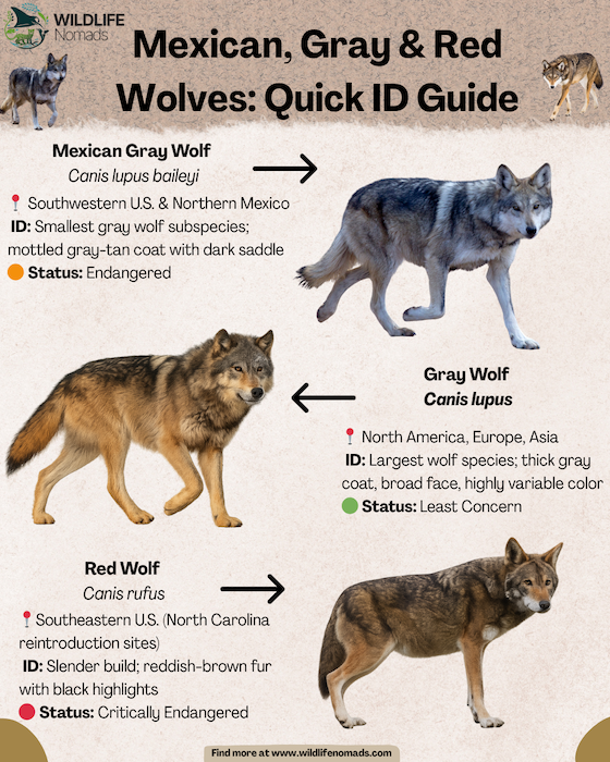 Mexican-Gray-Red-Wolves-Quick-ID-Guide-1.webp infographic shwoing comparisson between mexican grey wolf, red and grey wolf