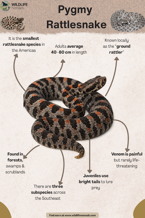 Pygmy-Rattlesnake-facts.webp infographic showing facts about the pygmy rattle snake