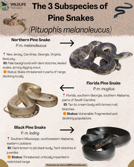 infographic showing the 3 subspecies of pine snakes