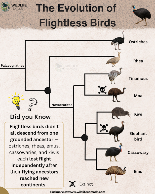 The Evolution of Flightless Birds by wildlife nomads infographic showing relation between different bird such as cassowaries emus and kiwis