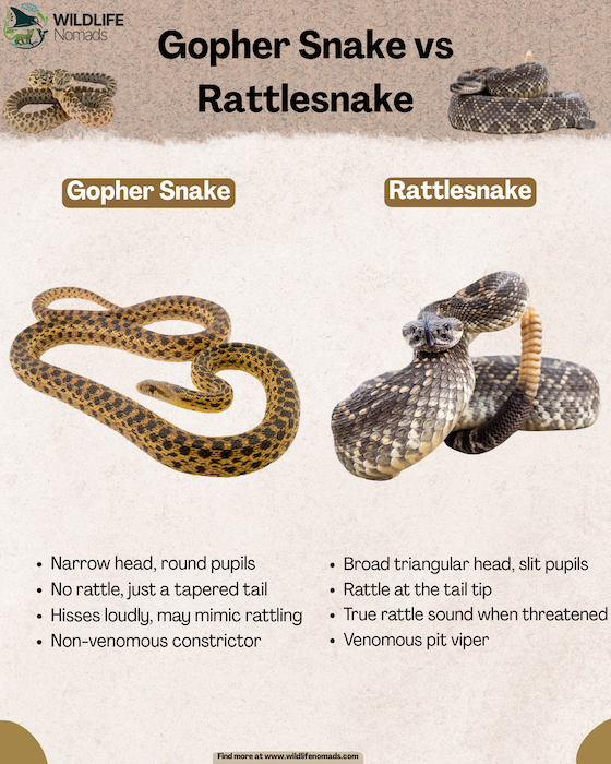 infographic showing the differences between a gopher snake and a rattlesnale