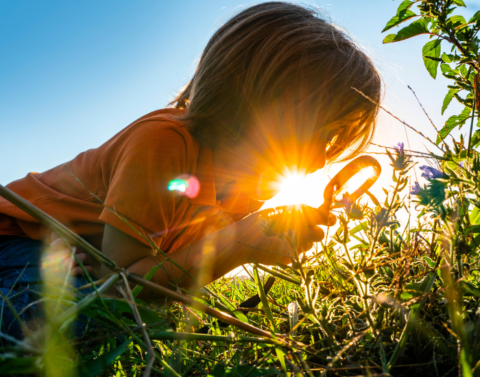 A child exploring nature with a magnifying glass