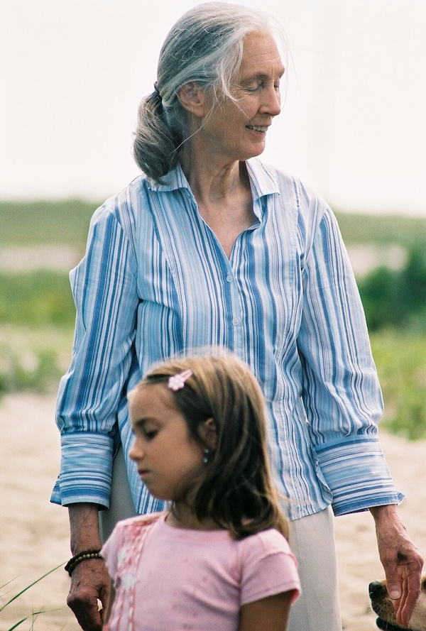 Jane goodall with a little girls in front of her