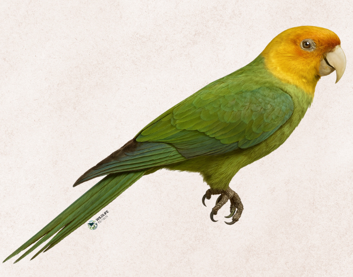 Carolina-Parakeet-Conuropsis-carolinensis.webp Carolina Parakeet with brownish background ai illustration
