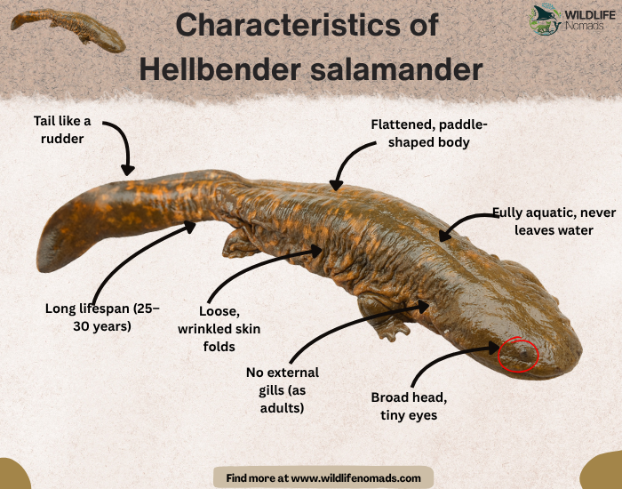 Characteristics of  Hellbender salamander infographic 