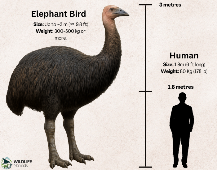Elephant-Bird-Aepyornis-maximus-vs-human-size.webp Elephant Bird (Aepyornis maximus) vs human size infographic with brown background