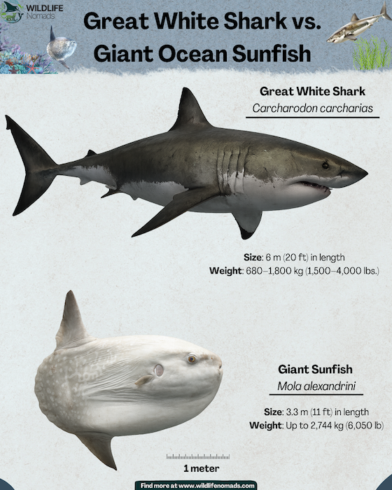 Great White Shark vs. Giant Ocean Sunfish infographic