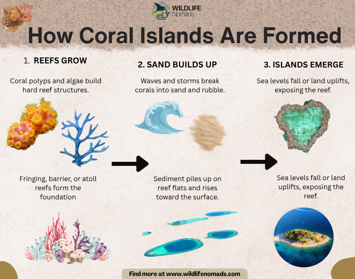 How-Coral-Islands-Are-Formed.webp infographic showing with 3 steps of coral islands are formed