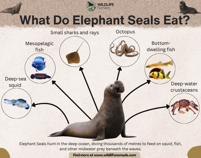 What-Do-Elephant-Seals-Eat.webp What Do Elephant Seals Eat? - infographic showing 5 food example like squid and rays