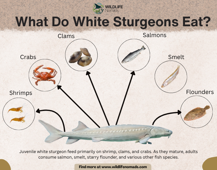 What Do White Sturgeons Eat?.webp What Do White Sturgeons Eat? infographic showing a white sturgeon and its food in the wild