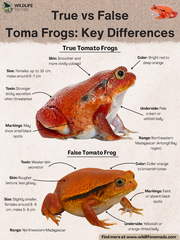 infograohic showing True vs FalseTomato Frogs: Key Differences