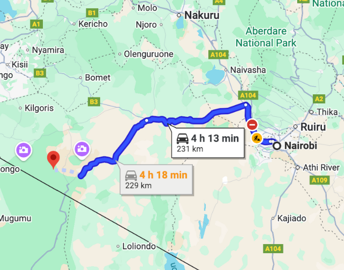 map map showing driving distance between Nairobi and the masai mara