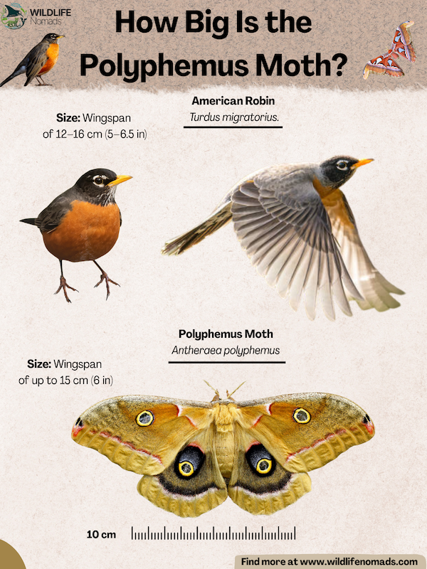 tarantula-Polyphemus-Moth-Size-vs-robin.webp infographic showing