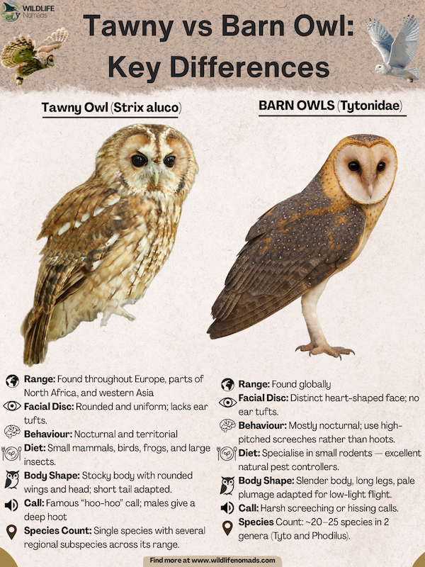 Tawny Owl vs Barn Owl: Key Differences infographic