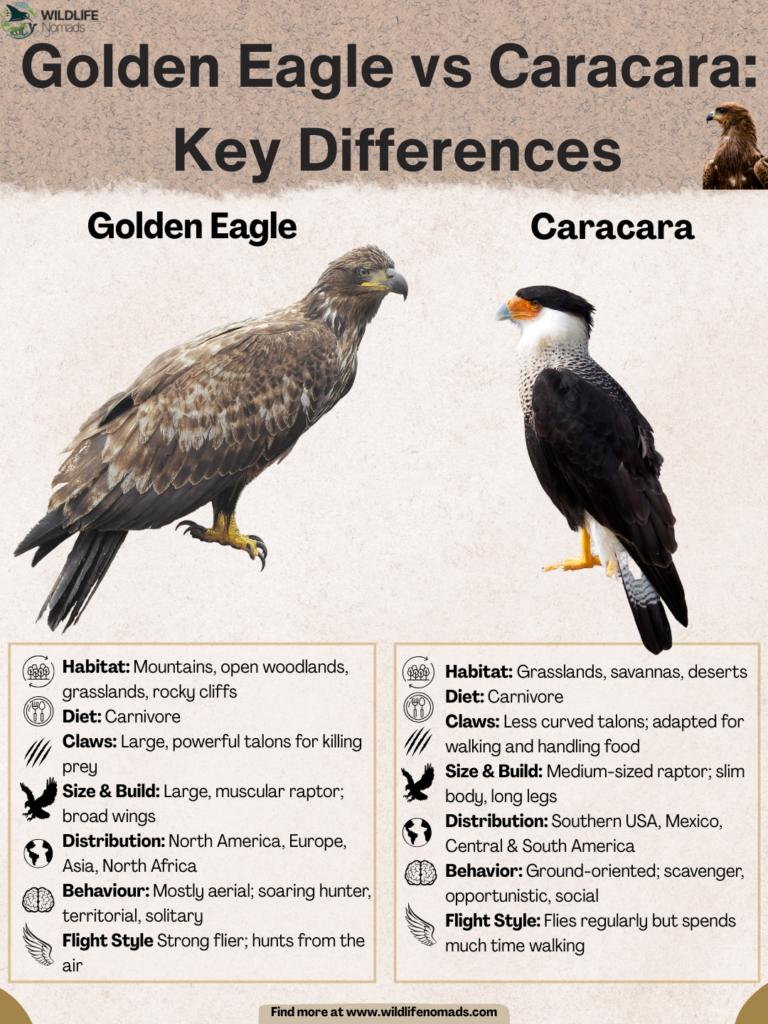 Golden-Eagle-vs-Caracara-Key-Differences.webp infographic showing the a golden eagle and a caracara