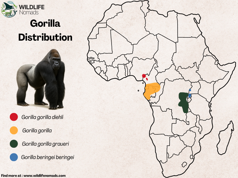 Gorilla-Distribution-map.webp map of Africa showing the distribution of gorillas